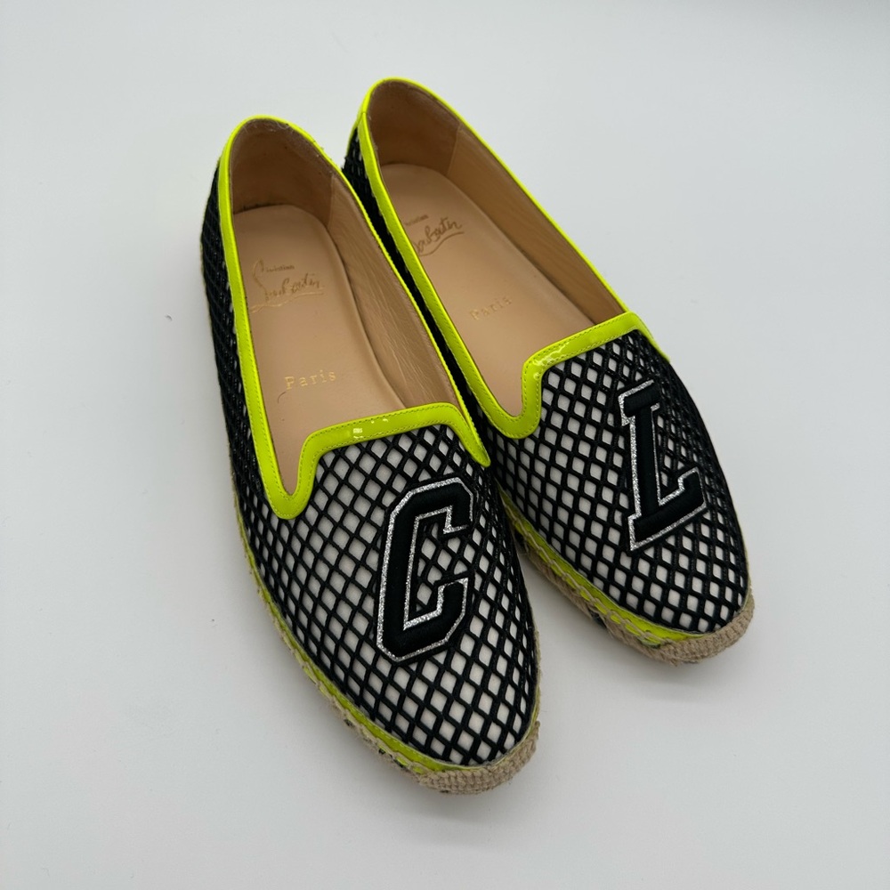 Christian Louboutin Black and Neon Yellow Mesh Loafers